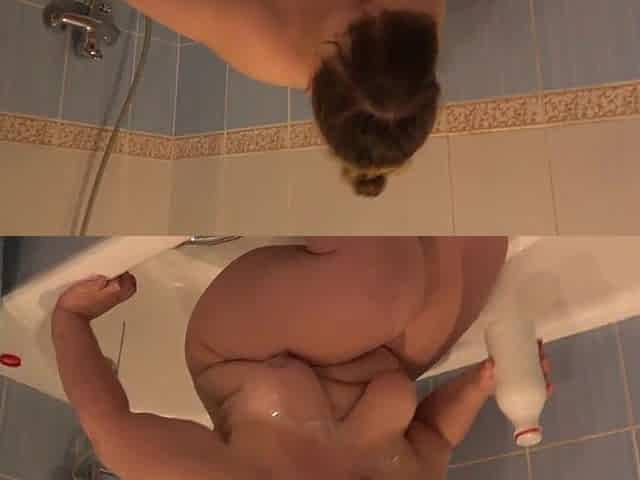 Milk fountain from a shaggy vagina. Curvy sweetheart likes unusual masturbation and climax.