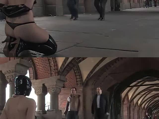 Blonde slut with gimp mask in public