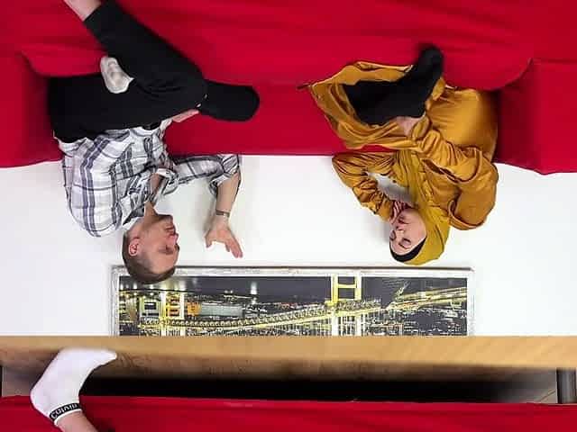 Horny yellow hijab on red sofa
