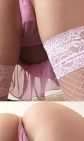 Chloe in Her Pink Black Babydoll Solo Masturbates in Bed
