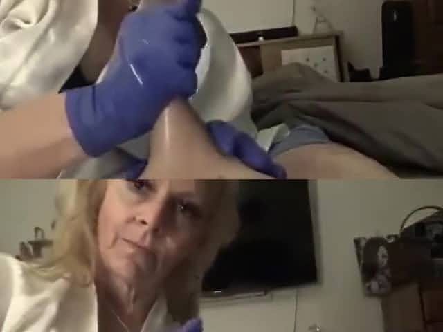 1st TIME MOM JERKS SON OFF W/ LATEX GLOVES & OIL BLOW JOB SWALLOW