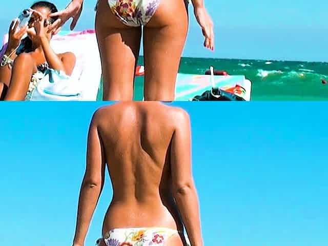 Nude beach girl with an amazing ass enjoys a sunny day
