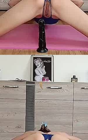 The Athlete Spread Her Legs and Sat on a Black Dildo During Home Yoga