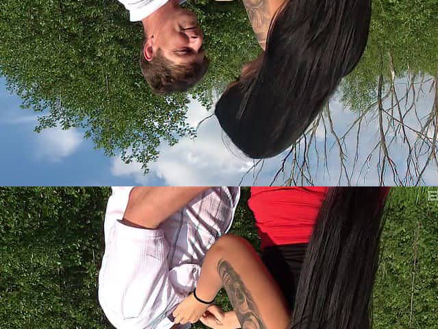 Brunette girl with a long hair drops on her knees to give a BJ