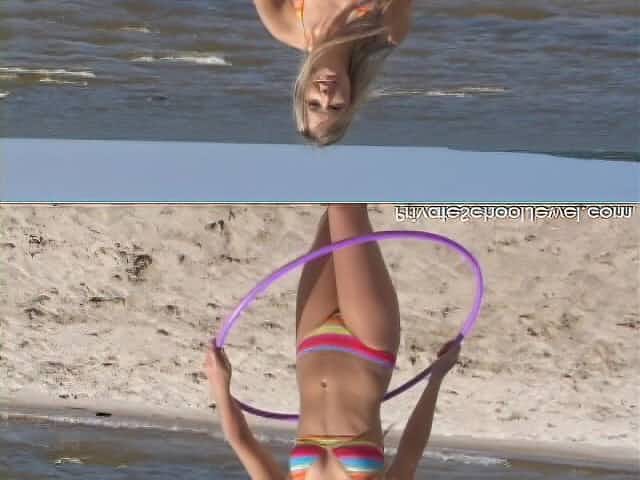 Bikini teen strips on the beach and hula hoops in the nude