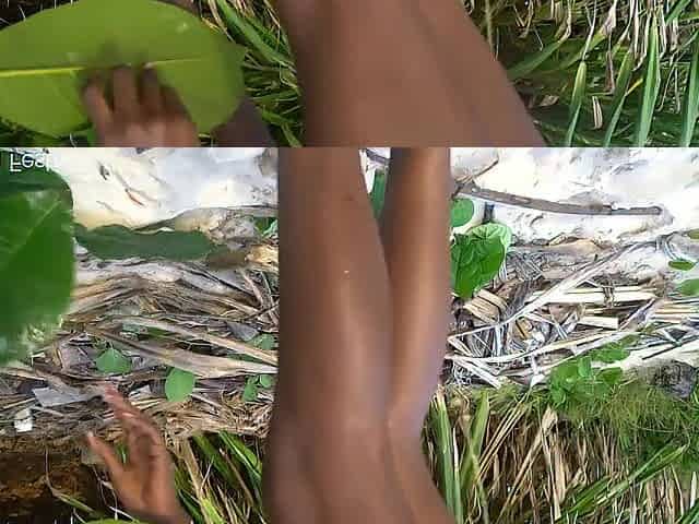 Slender Afro tribe gal cooking medecin for her grandmother nude in forrest