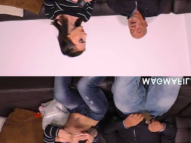 Kinky bald headed dude fucks naughty young brunette and cums on her face