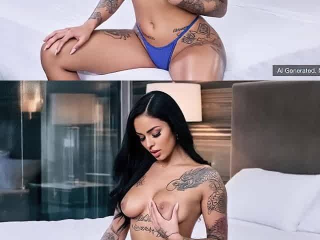 AI Generated Tattoo Cutie - Hot Tattooed Brunette hair with Blue Belt Masturbating Solo