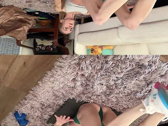 Cute slim golden-haired ab workout in underclothes