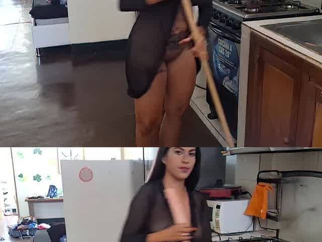 Mexican stepmother with a large butt masturbates in the kitchen
