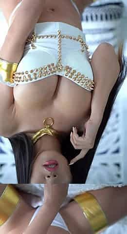 Busty curly brunette with big boobs fucks on couch