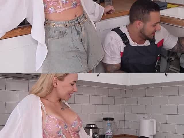 Slim Buxom Blonde Babe Cheats On Her Husband Enticing a Plumber Into Wild Sex In the Kitchen
