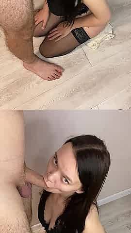 Stepdaughter sucked stepfather's large penis on her knees in hose