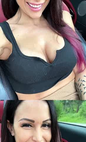 Busty curly brunette with big boobs fucks on couch