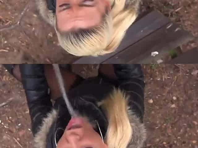 Kinky blond woman in ebony hose lets a stranger pee all over her, just for joy