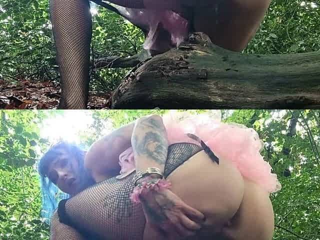 Cute Goth Fairy Pisses and Rubs Her Pussy on Treestump in the Forest