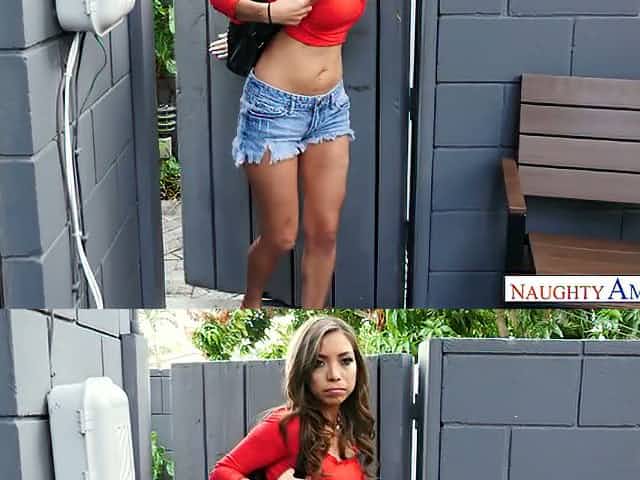 Pretty Vivianna Mulino playfully stands on knees in front of neighbor to give BJ
