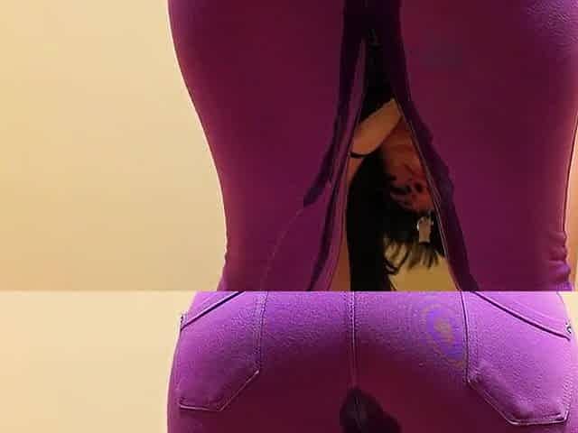Gal pee in her jeans. Panties are overspread in messy urine. Homemade.