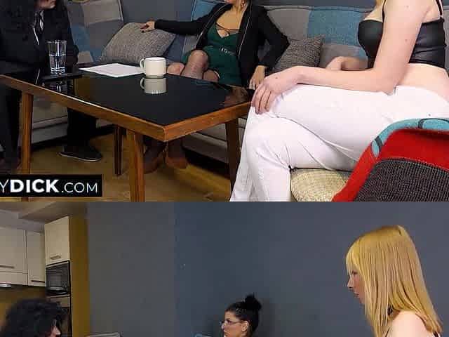 A blond office assistant and her boss are checking his small knob