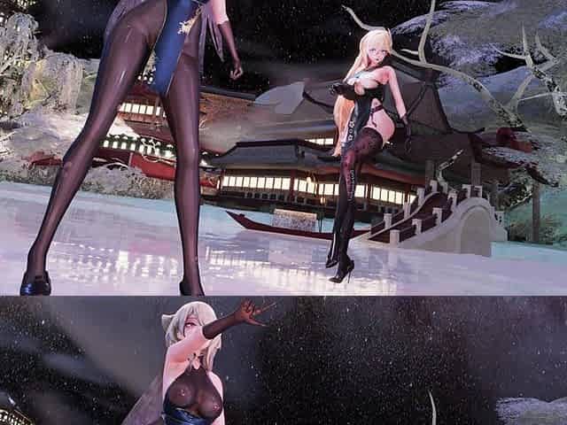 [mmd] Yolandel & Rita Chocolate Cream Double Striptease Black Silk Pantyhose Big Nipple Nipple Milk Chain Red Sole High Heels