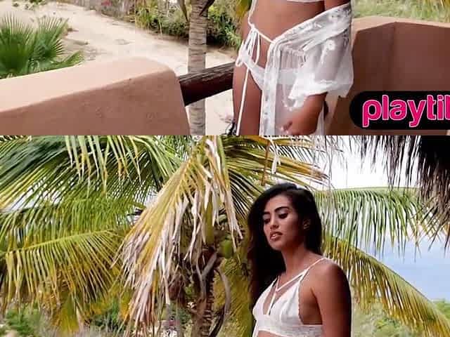 Tiny tanned Latin babe chick flaunts her skinny bare body outside