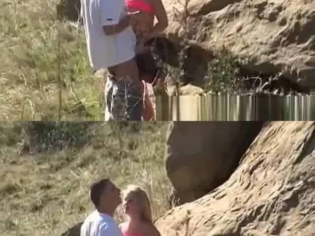 Blonde in pink bra fucked standing in nature