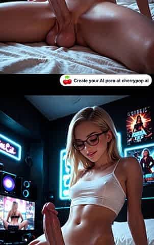 Blonde glasses gamer girl spreads legs for huge dildo neon
