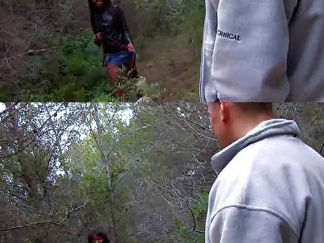 Black gal is bouncing on the large weenie outdoors