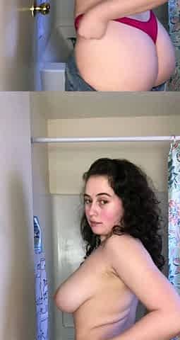 Busty curly brunette with big boobs fucks on couch