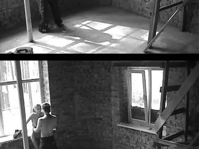 Ponytail horny athletic young girl fucks her lover at the worksite on the window ceiling