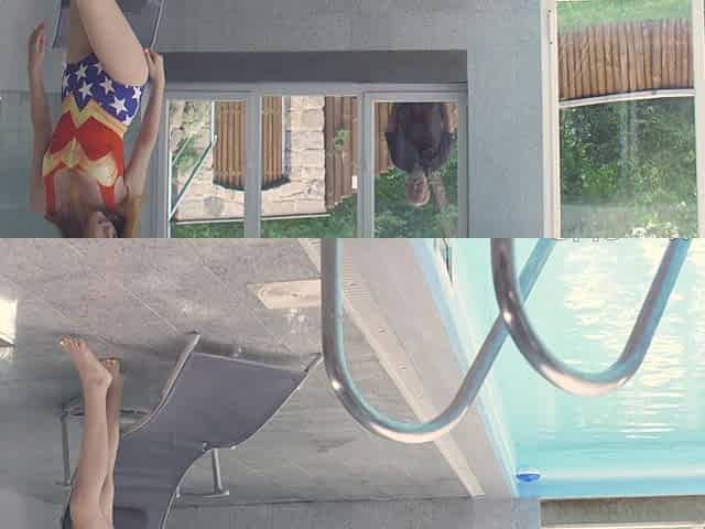 Young Candy Red teases her older partner in a steamy poolside doggy session