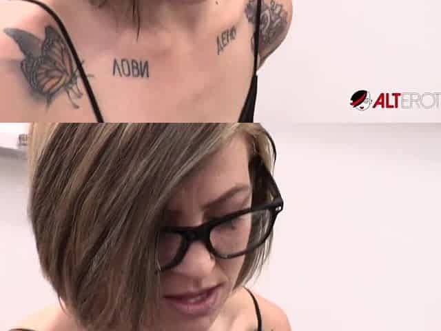 Leah Luv gets a fresh tattoo then a large penis in her butt