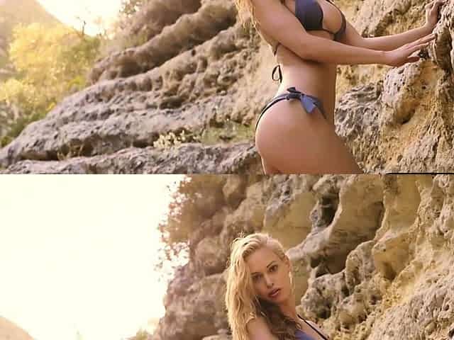 Big boobs skinny MILF strips outdoors