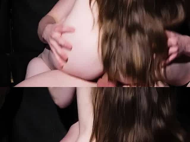 Small tit brunette gives blowjob to a big cock