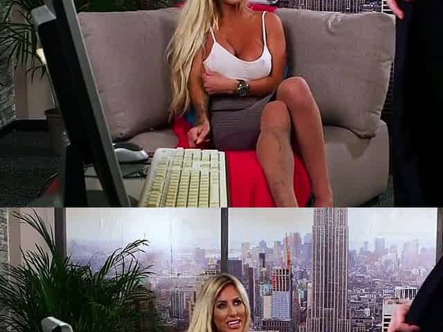 Bigtitted blonde voyeur teasing wanker
