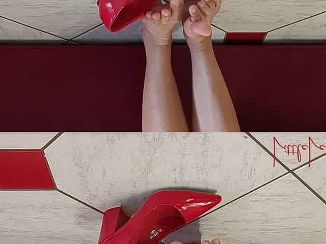 Shy Asian Feet Meet Red High Heels for 1st Time - Foot Fetish Tease Play - Cute Toes Play with Sexy Shoes
