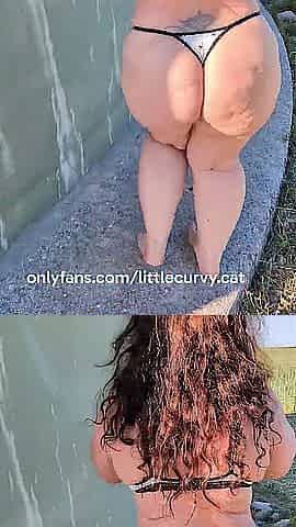 Curvy mommy dancing in underclothes outdoor