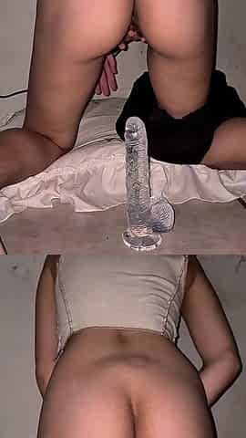 Sitting and Rolling on My New Transparent Dildo