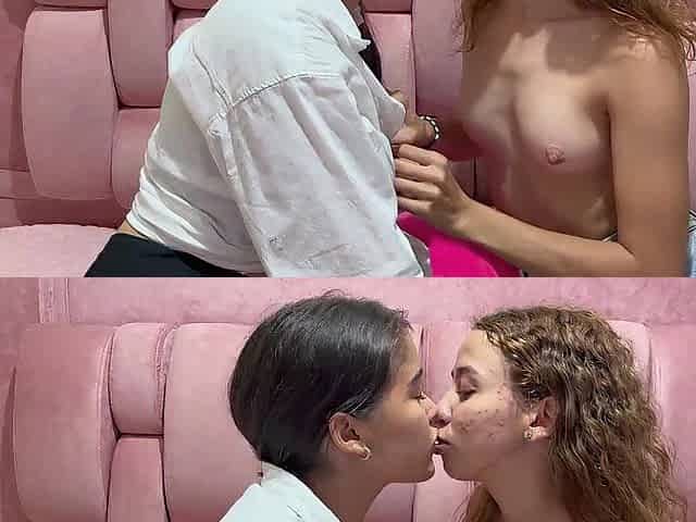 small stepsisters giving a kiss in nature's garb