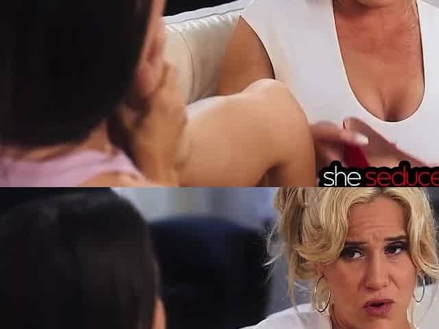 Sexy blonde MILF with big boobs asks her teen neighbor out and she agrees to fuck her with a strap-on