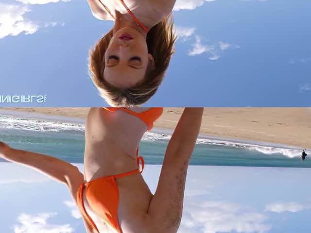 Topless bikini girl Anna J shows off yummy perky tits on the beach