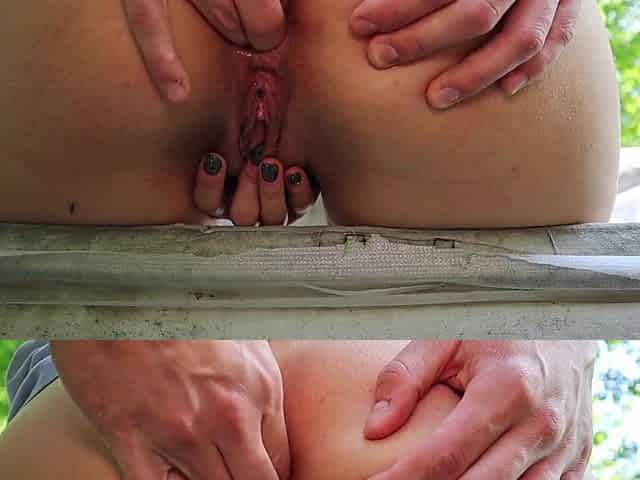 Outdoor anal fuck with hot babe fisting her tight hole