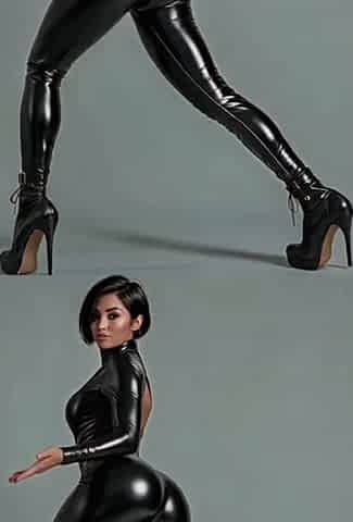 Hot Short Black Haired AI Generated Asian Stripper in Sexy Shiny Black Latex Bodysuit and Stiletto Heeled Boots.