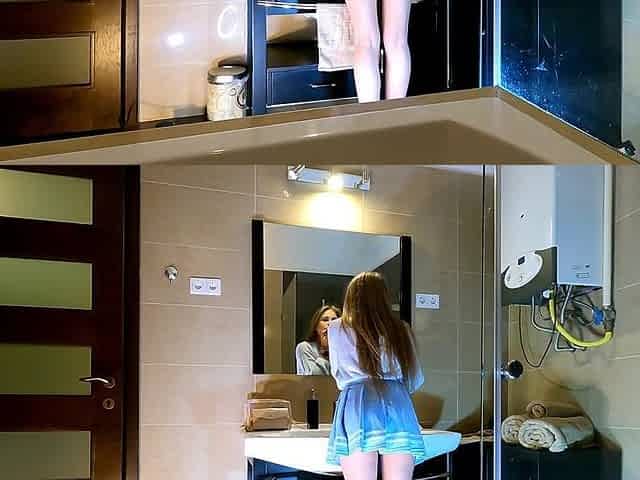 Hawt Slim Lengthy Hair Blond Wife has a recent Blue Super Short Miniskirt and below it that babe has white cot