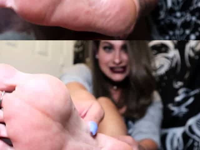 Brunette with foot fetish rubs big dick with her feet in POV