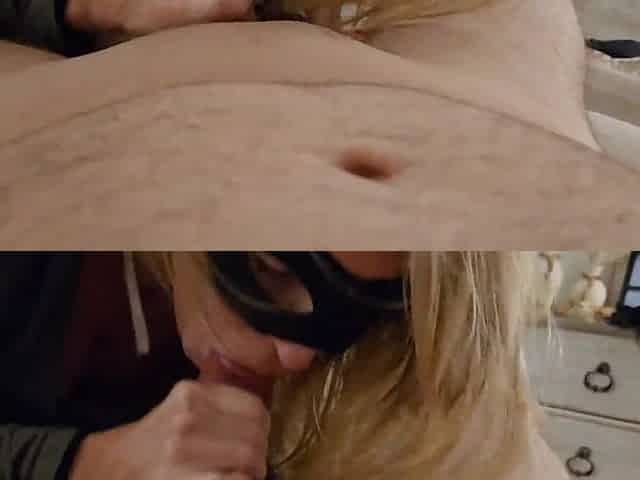 Homemade golden-haired wife sneaks away from party to suck a penis