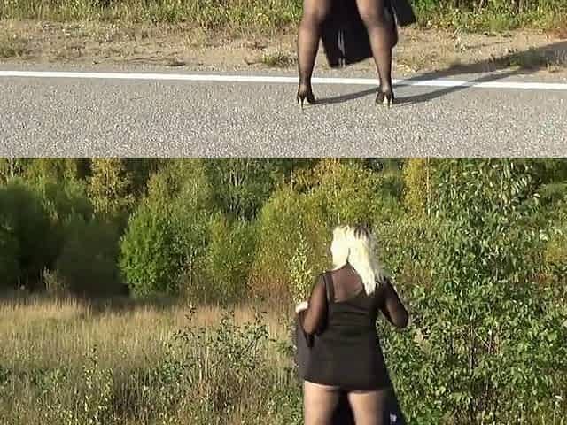 Walking on the road in a mini dress