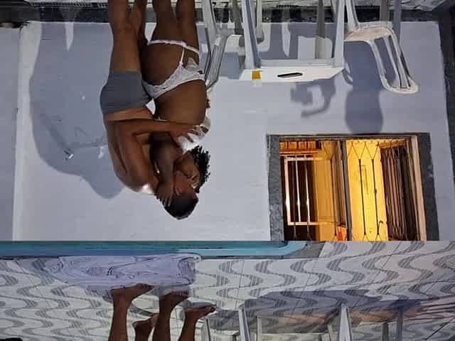 This chab ate the cuckold's wife in the pool.
