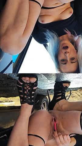 HIGH HEELS squirt CAR public Blond plays with her shaggy twat, ride large ebony sex toy, squirts, screws