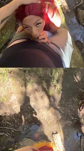 Camper finds an elf in the forest and comes to a conclusion to convince her to have sex behind a tree